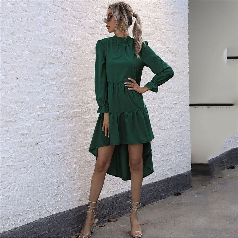 Solid Color Long Sleeve Irregular Half Turtleneck Dress