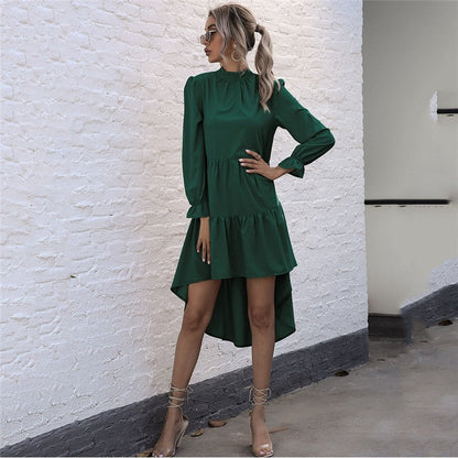 Solid Color Long Sleeve Irregular Half Turtleneck Dress