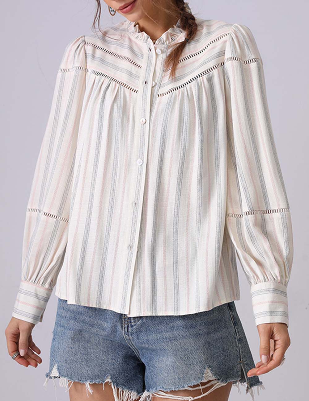 Simple Striped Long Sleeve Ruffle Neck Top