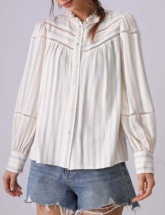 Simple Striped Long Sleeve Ruffle Neck Top