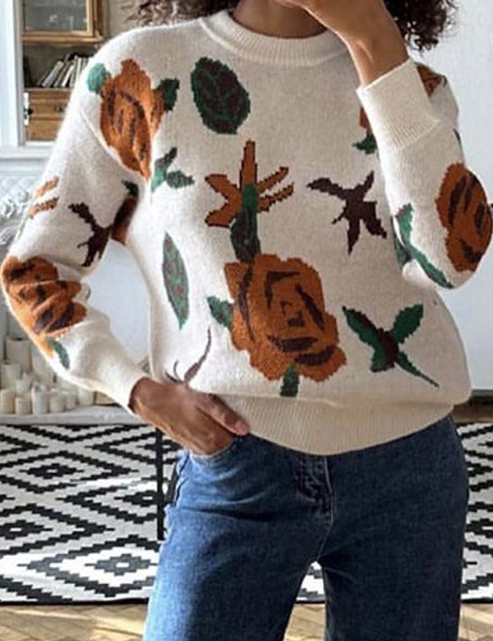 Vintage Round Neck Floral Woven Knit Top