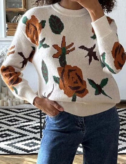 Vintage Round Neck Floral Woven Knit Top