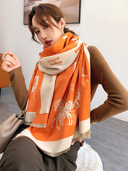 Printed Contrast Color Imitation Cashmere Shawl Scarf
