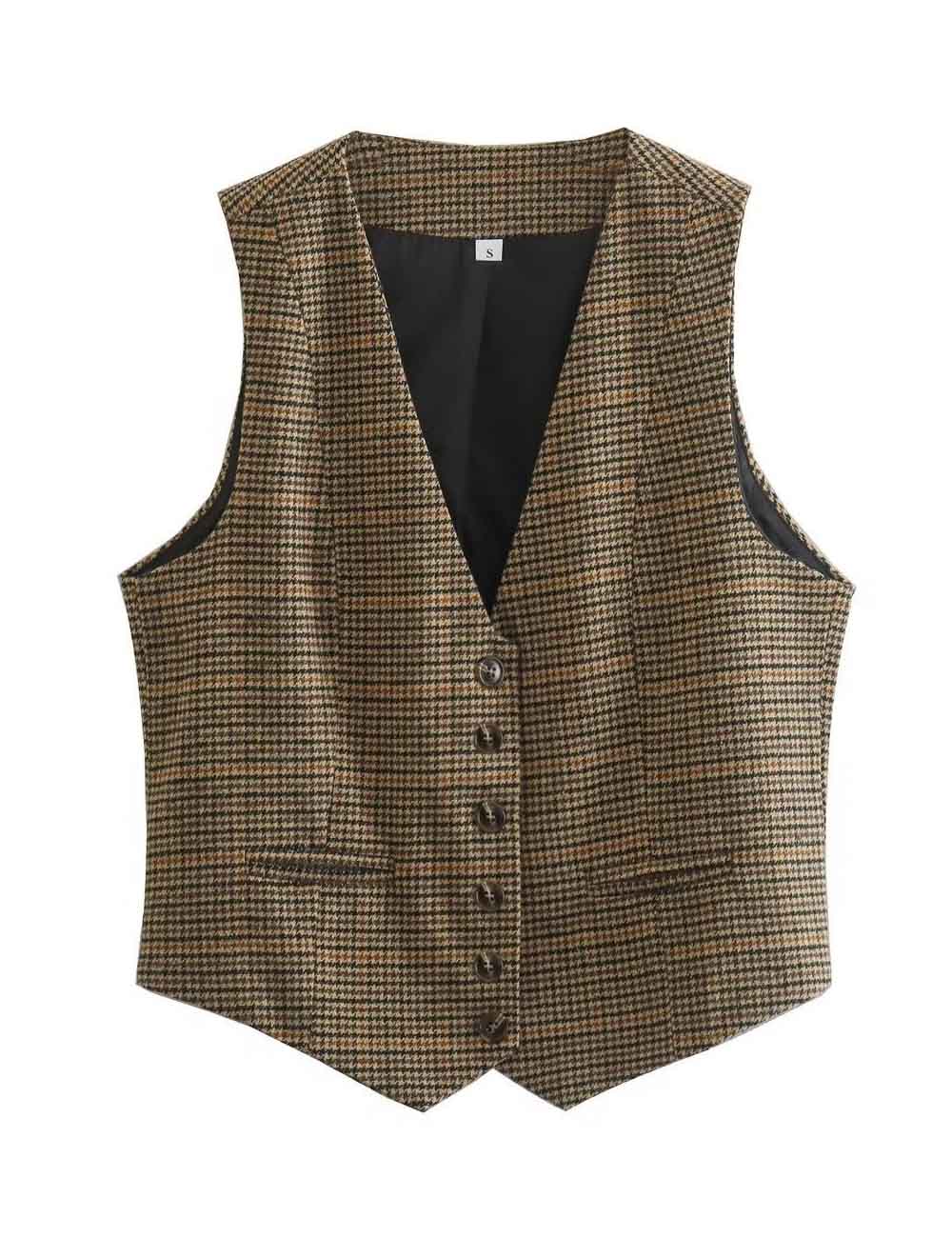 Vintage Plaid V-Neck Sleeveless Vest