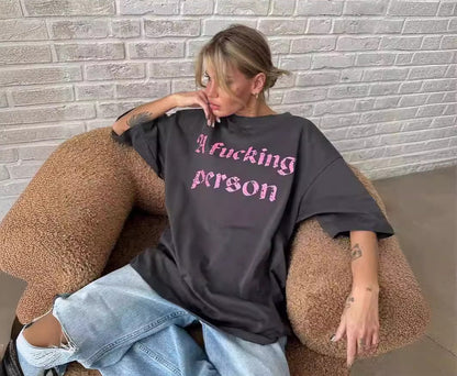 Round Neck Print Loose Short Sleeves Top