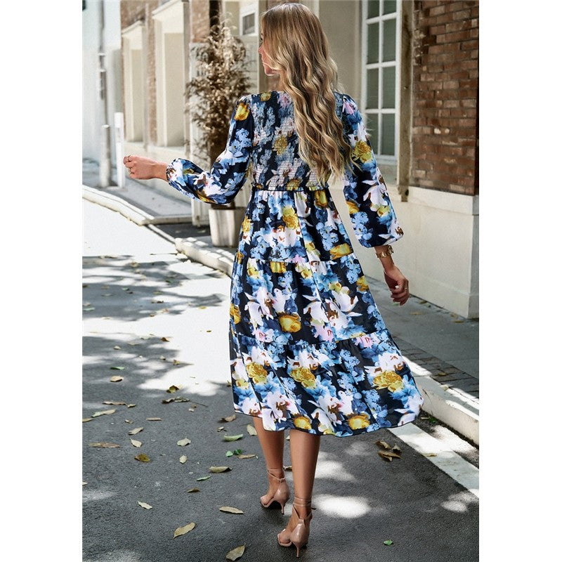 V Neck Print Nine Quarter Sleeve Dress