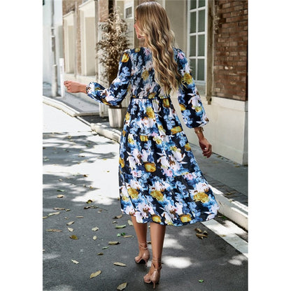 V Neck Print Nine Quarter Sleeve Dress