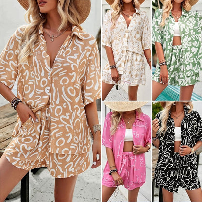 Printing Short Sleeve Lapel Buttoned Blouse And Shorts Two Pieces Suits