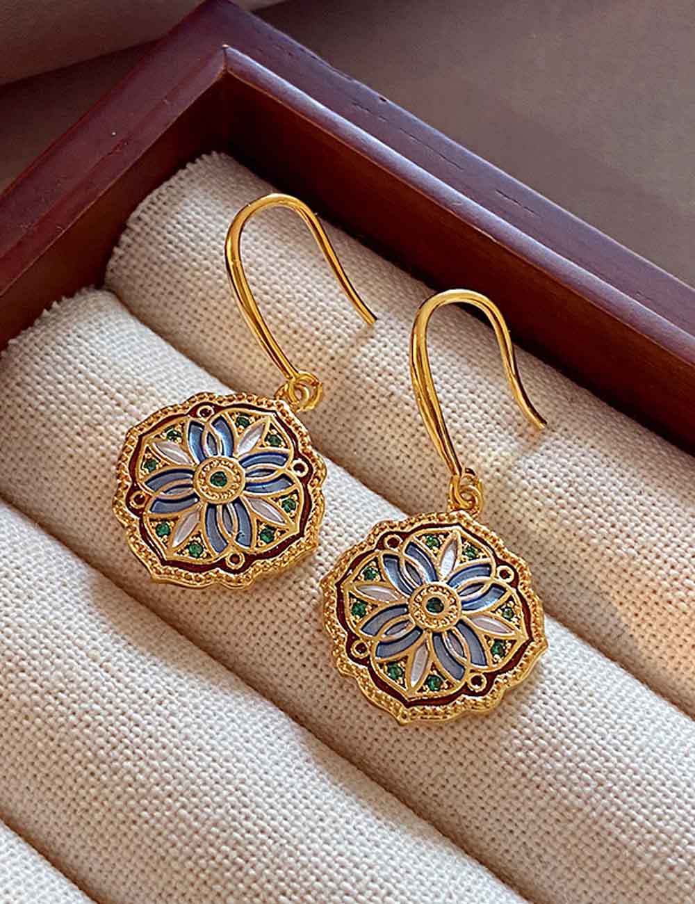 Vintage Gold Enamel Floral Hook Earrings
