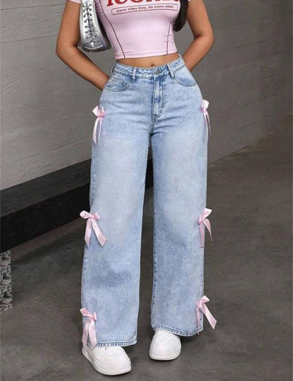 Bow Decoration Washed Street Straight Leg Jeans