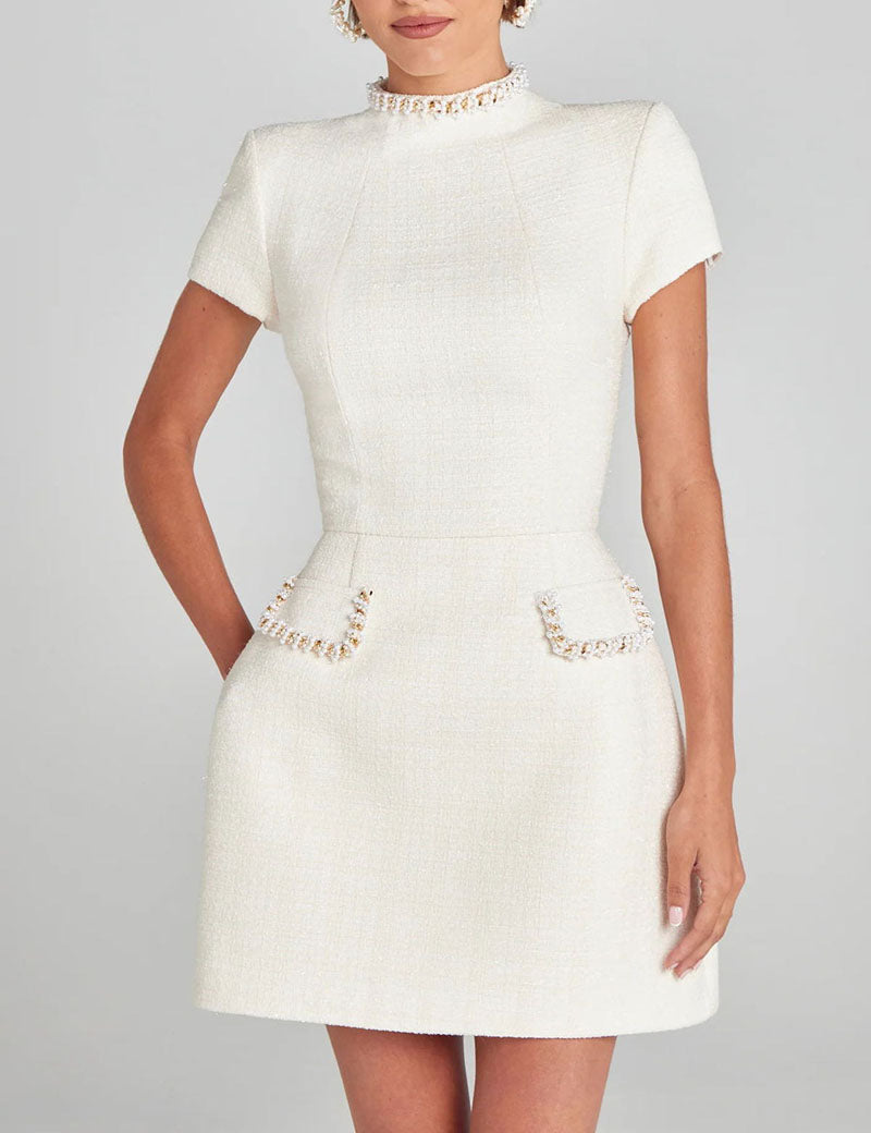 Pearl-Trimmed Slim Tweed Mini Dress