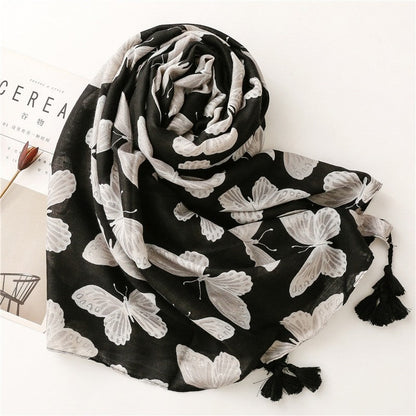 Black Butterfly Print Cotton Linen Scarf