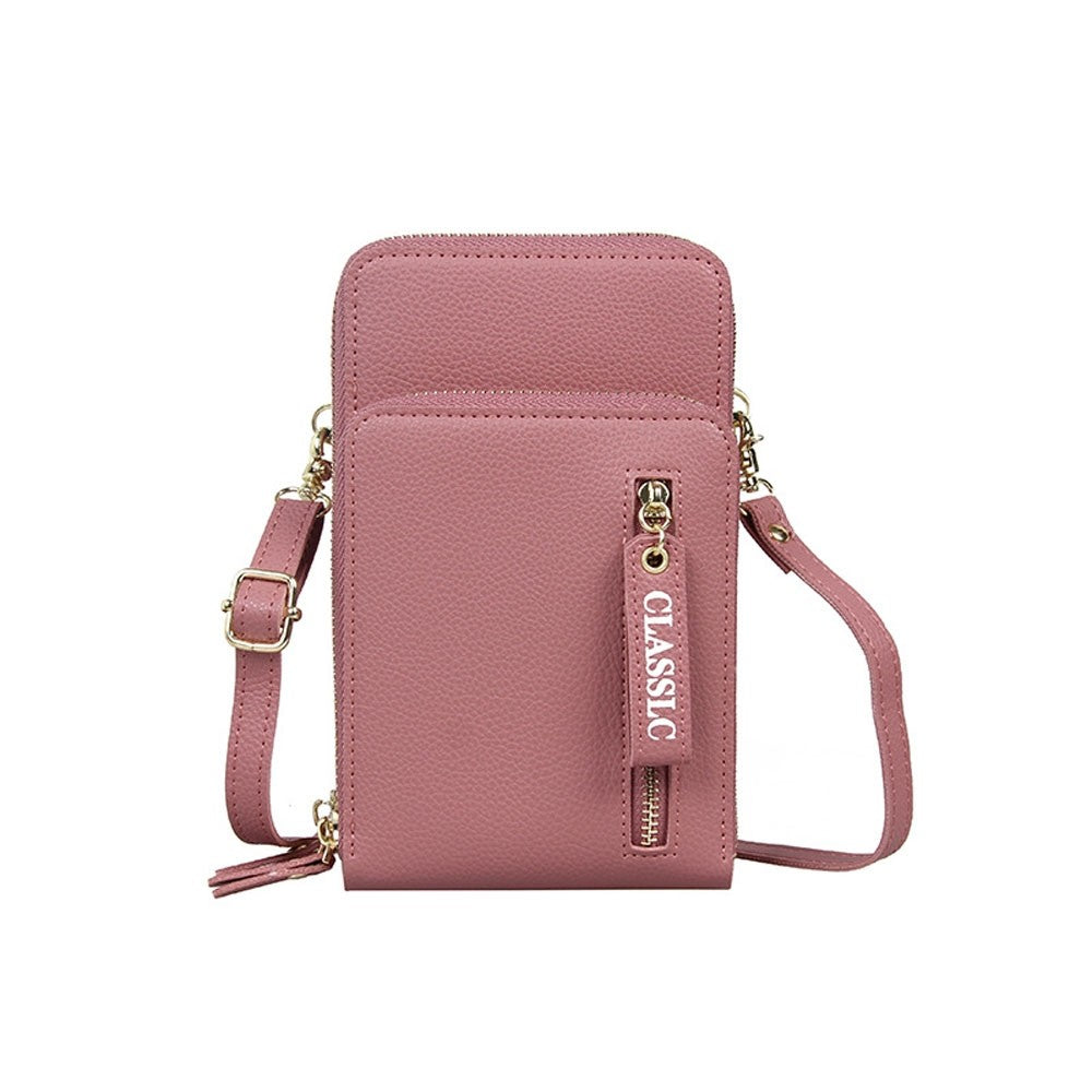 PU Leather Solid Color Double Layer Zippers Large Capacity Multifunctional Cell Phone Purse Crossbody Bag