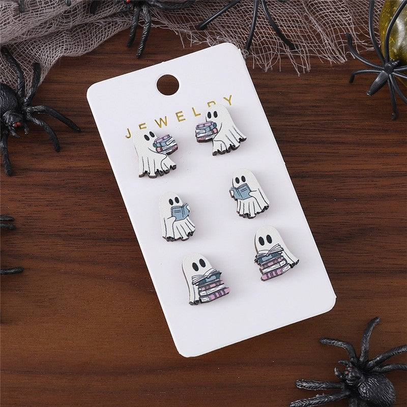 Wooden Ghost-Shaped Earrings Set For Halloween
