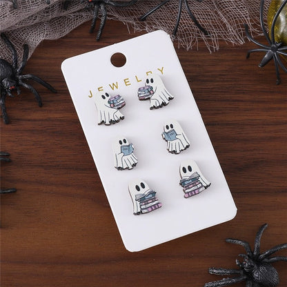 Wooden Ghost-Shaped Earrings Set For Halloween