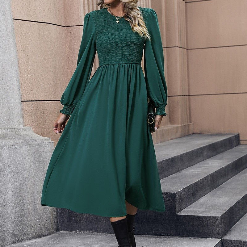 Solid Color Lantern Sleeve Waist Long Dress