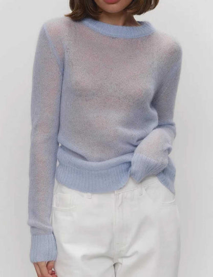 Simple Sheer Round Neck Long Sleeve Knit Top