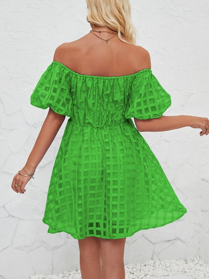 Off Shoulder Puff Sleeves Pleated Mini Dress