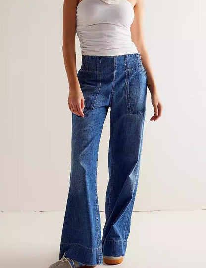 Casual Ruched Mid Waist Wide Leg Jeans