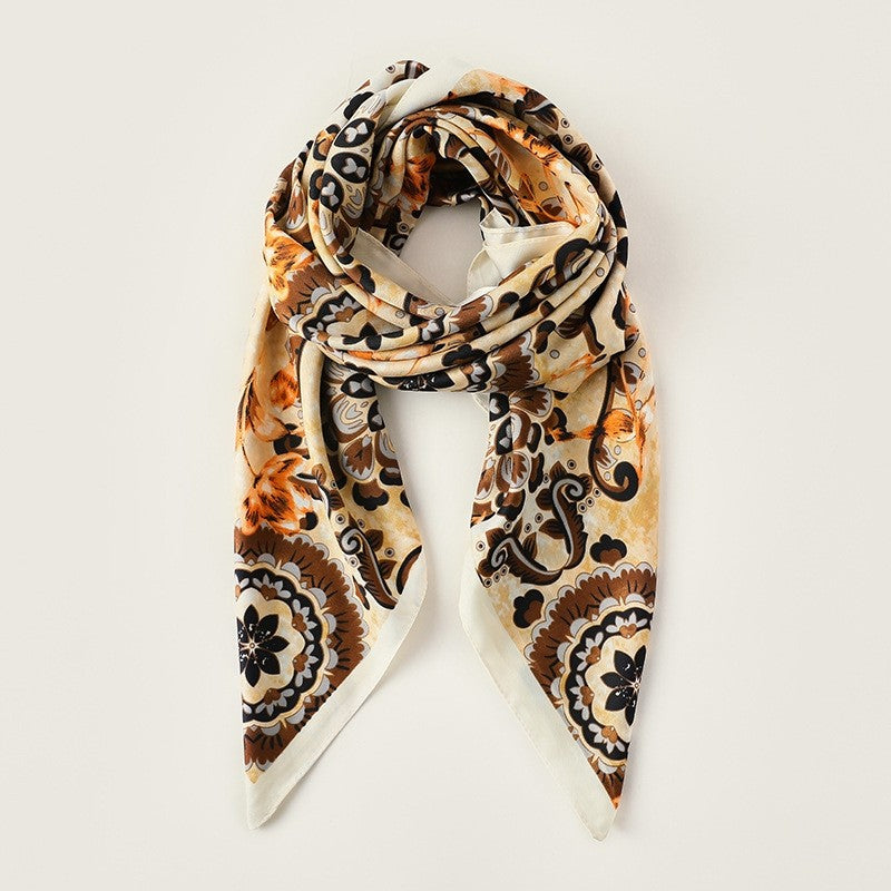 Floral Print Square Silk Imitation Scarf