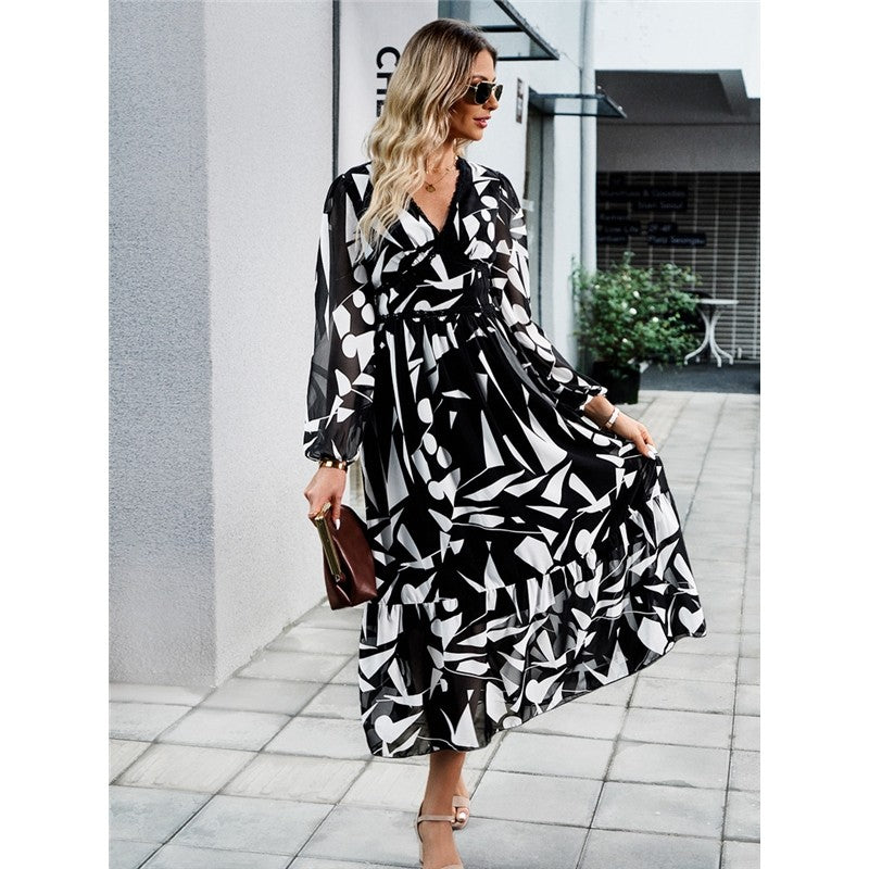 Casual Irregular Color Block Printed V-Neck Long-Sleeved Dress