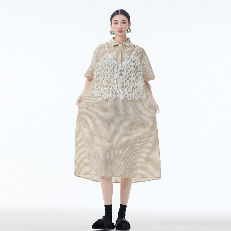 Lace Trim Polo Collar Short Sleeve A Line Dress