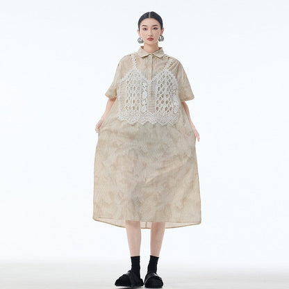 Lace Trim Polo Collar Short Sleeve A Line Dress