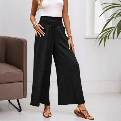 Elastic High Waist Pleated Wide Leg Pants