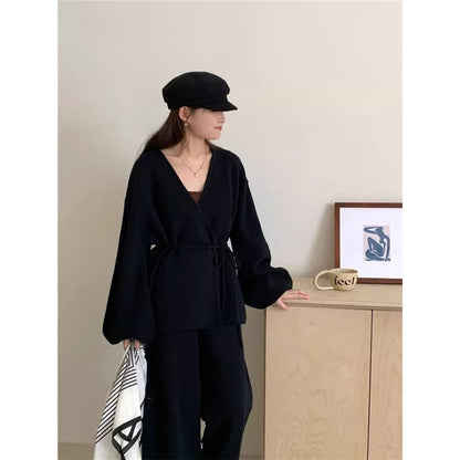 Knit Cardigan With Wide-Leg Pants Set American Retro Style Two-Piece