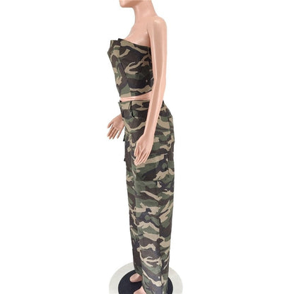 Fashion Camouflage Wrap Top Long Pants Set