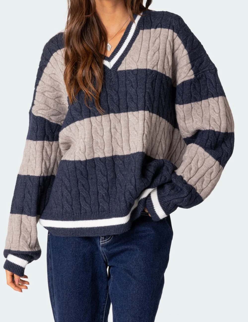 Color Block Striped V-Neck Oversized Sweater