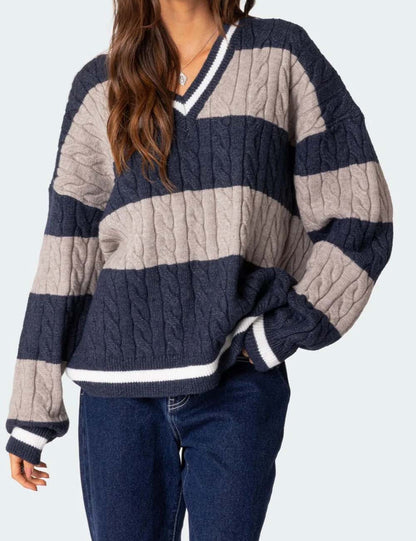 Color Block Striped V-Neck Oversized Sweater