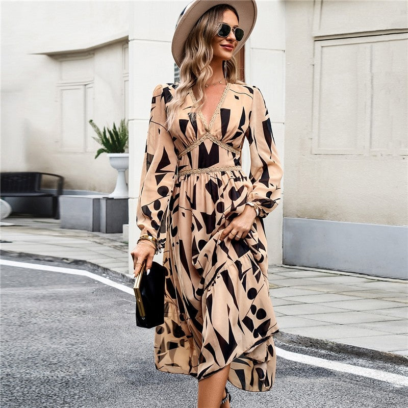 Casual Irregular Color Block Printed V-Neck Long-Sleeved Dress