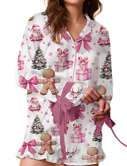Cute Tree Print Satin Ruffled Pajamas Set