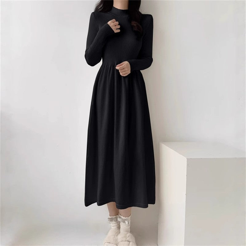 Semi-High Neck Midi Sweater Dress With Waist Tuck Design
