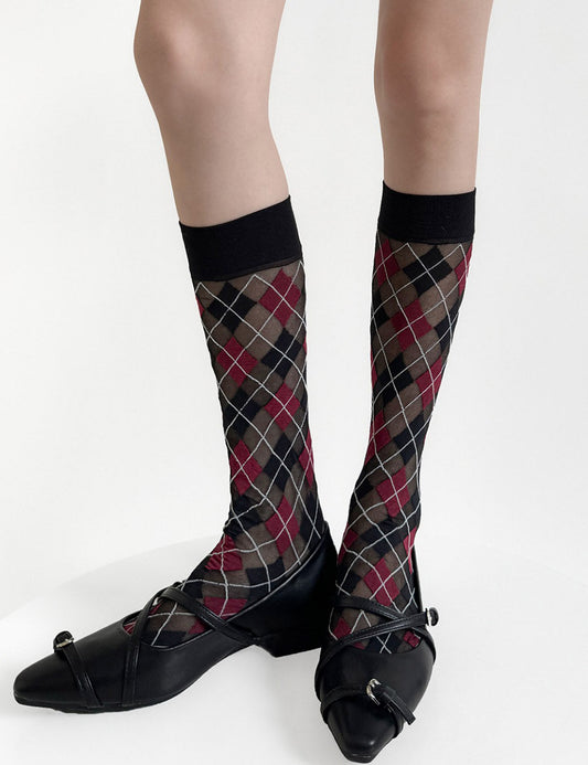 Vintage Plaid Color Block Sheer Calf Socks