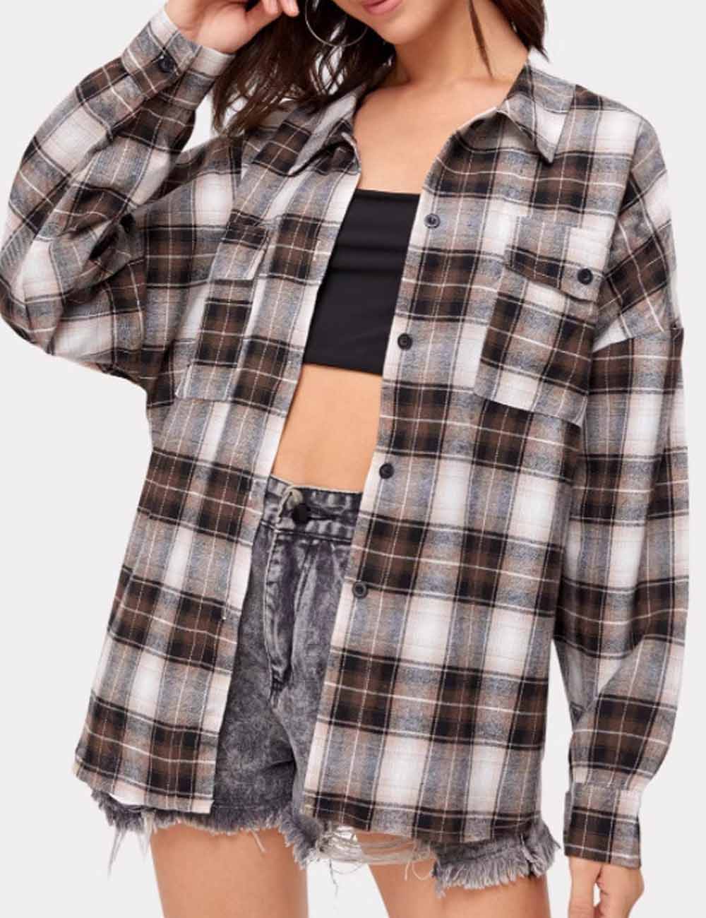 Vintage Plaid Lapel Collar Button Down Shirt