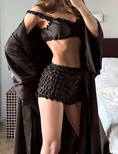 3 Pcs Sexy Satin V-Neck Pleated Pajamas Set