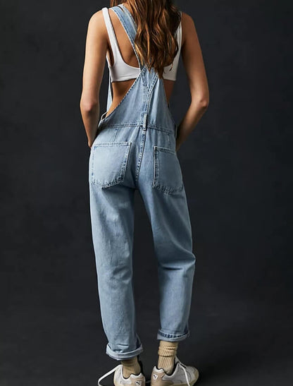 Casual Washed Strap Denim Jumpsuit