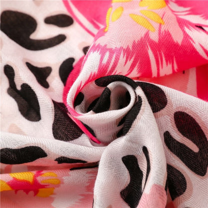 Tropical Plant Floral Leopard Contrast Scarf