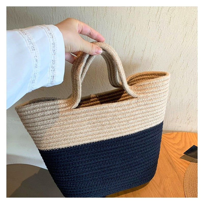 Color Block Straw Woven Handbag