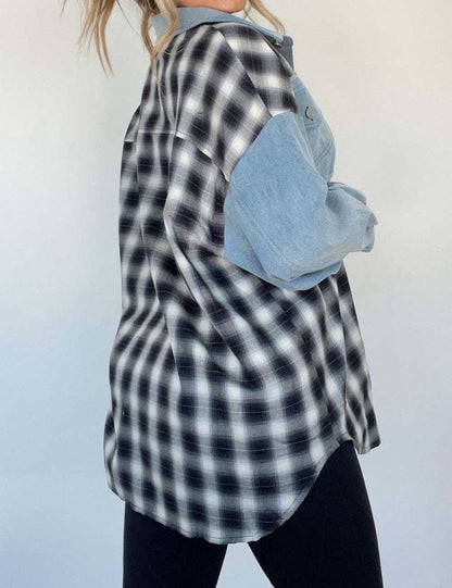 Loose Splice Plaid Long Sleeve Denim Top
