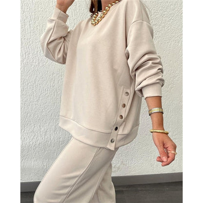 Solid Color Crewneck Long Sleeve Sweatshirt And Sport Pants Two Pieces Suit