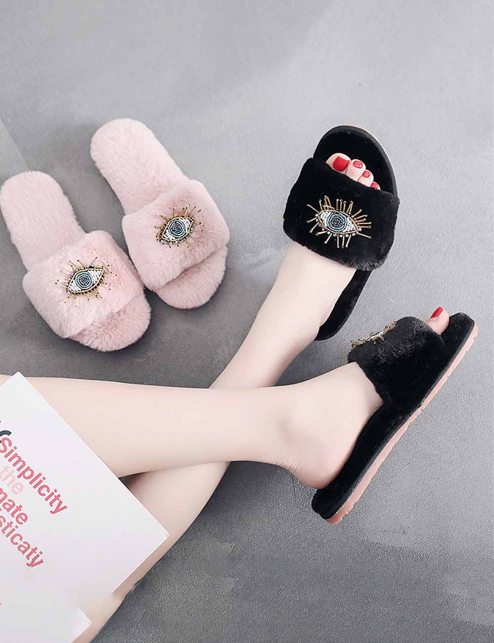 Soft Beaded Tassel Evil Eye Fuzzy Slippers