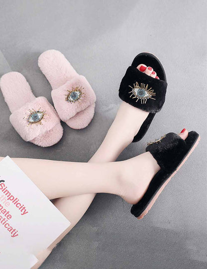 Soft Beaded Tassel Evil Eye Fuzzy Slippers