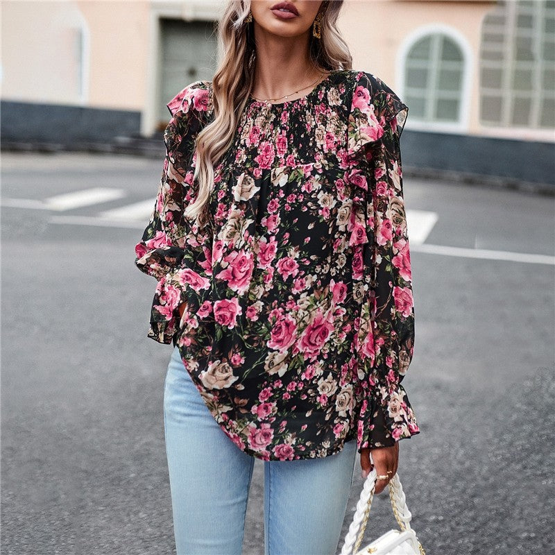 Crewneck Long Sleeves Floral Printed Casual Loose Blouse Top