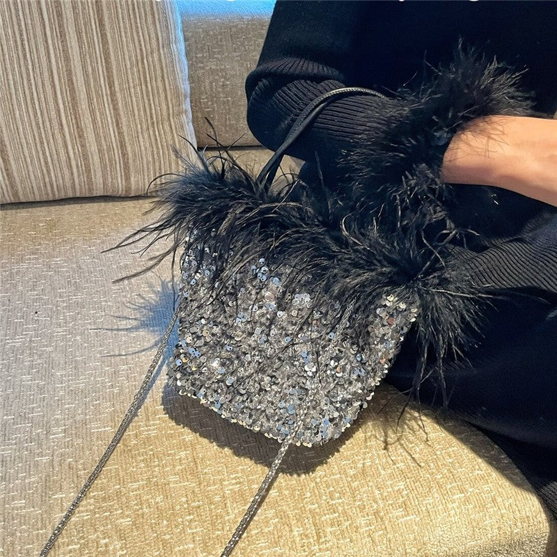 Feather Sequin Evening Clutch Bag