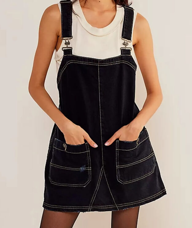 Washed Pockets Denim Mini Overalls Dress