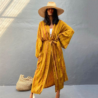 Long Sleeve Printing Waist Tied Casual Loose Long Beach Bikini Cardigan Cover-Up