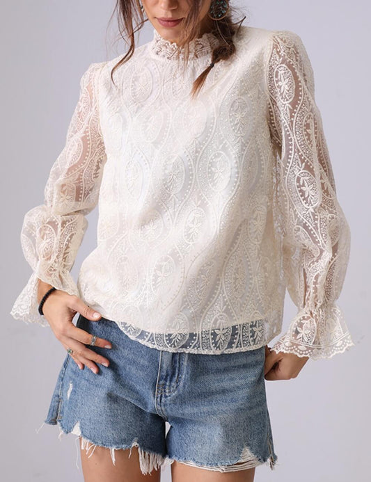 Trendy Hollow Out Embroidered Long Sleeve Top